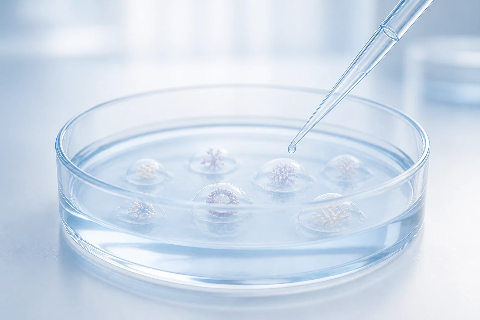 Wetenschappelijke illustratie van organoïden in een kweekschaal onder een pipet